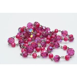 Vintage Fuchsia Crystal Necklace Wire Wrapped Silver Tone 34 Inch